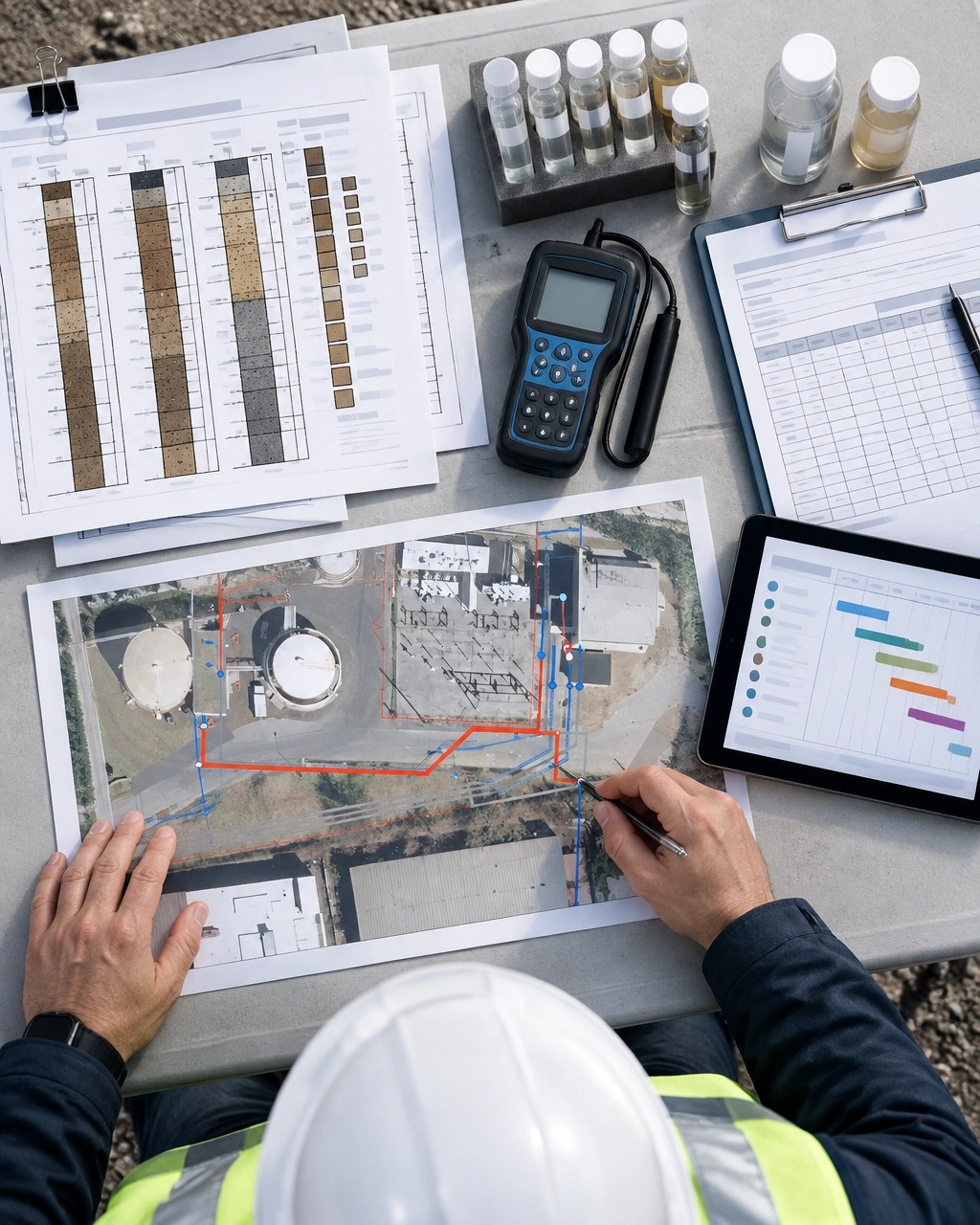 Environmental engineer organizing chain-of-custody records, sampling equipment, site maps, and a remediation schedule