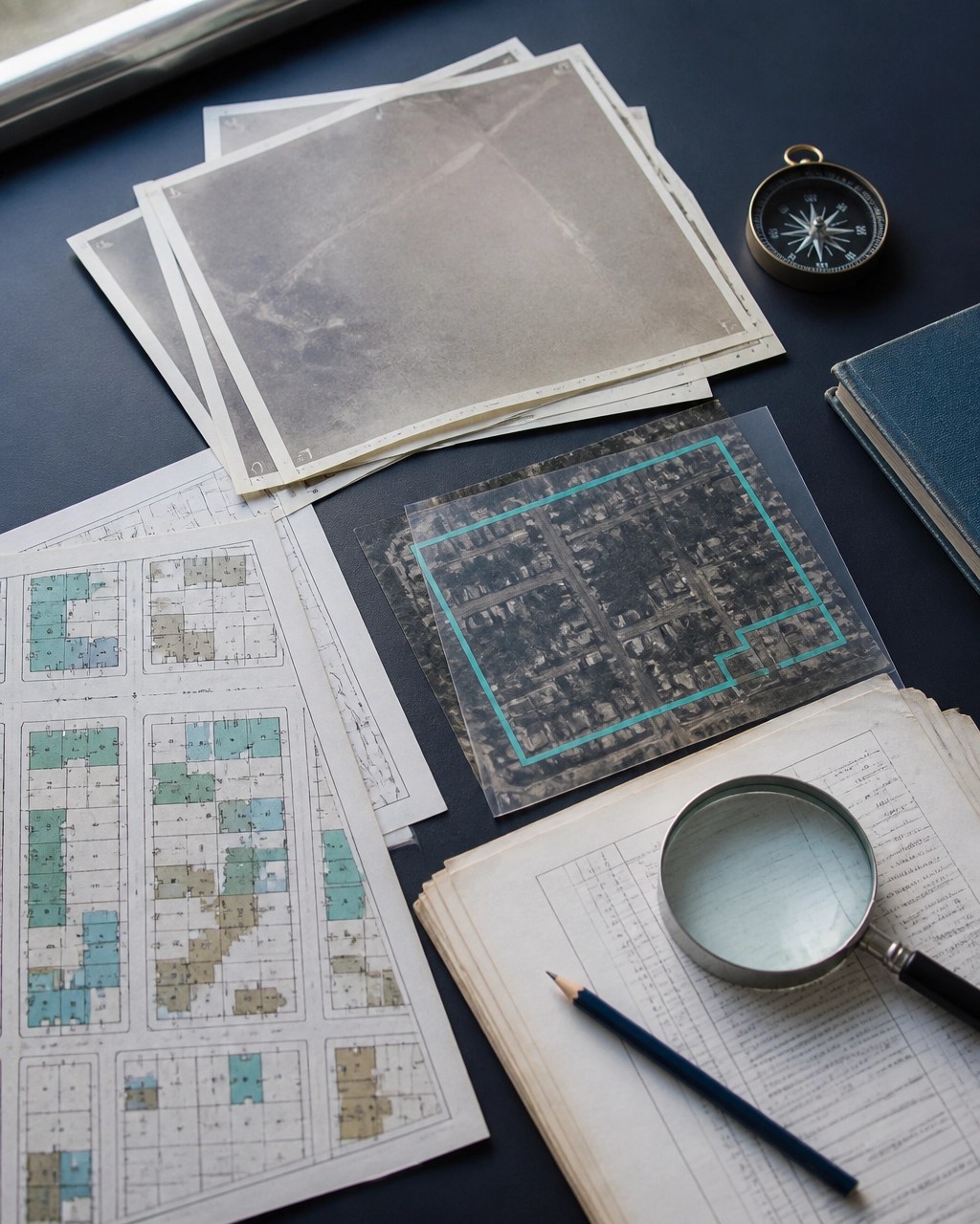Historical records, archival aerials, abstract Sanborn-style maps, and property boundary materials used during Phase I ESA research