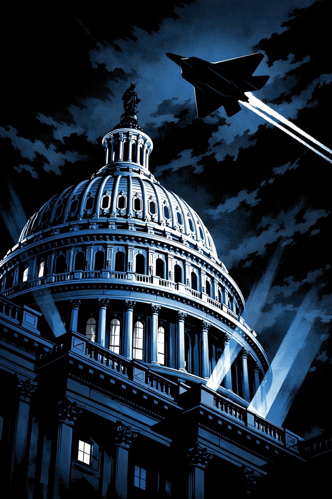 A stealth fighter flies over the U.S. Capitol, illustrating the debate over the War Powers Resolution and Iran strikes.