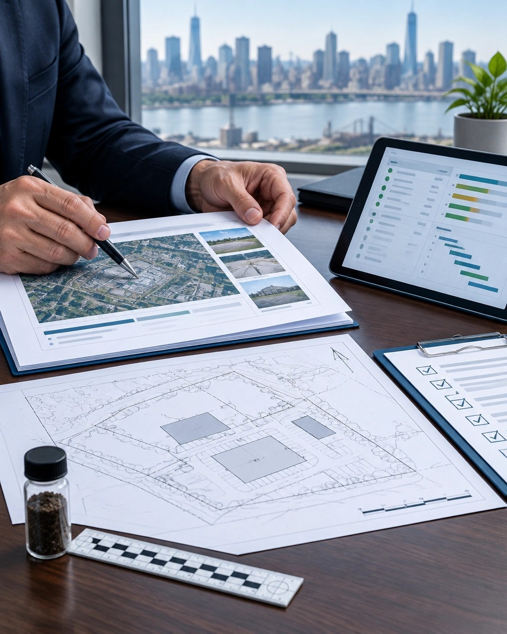 Environmental professional reviewing a Phase I ESA package, property plan, and real-time project status dashboard
