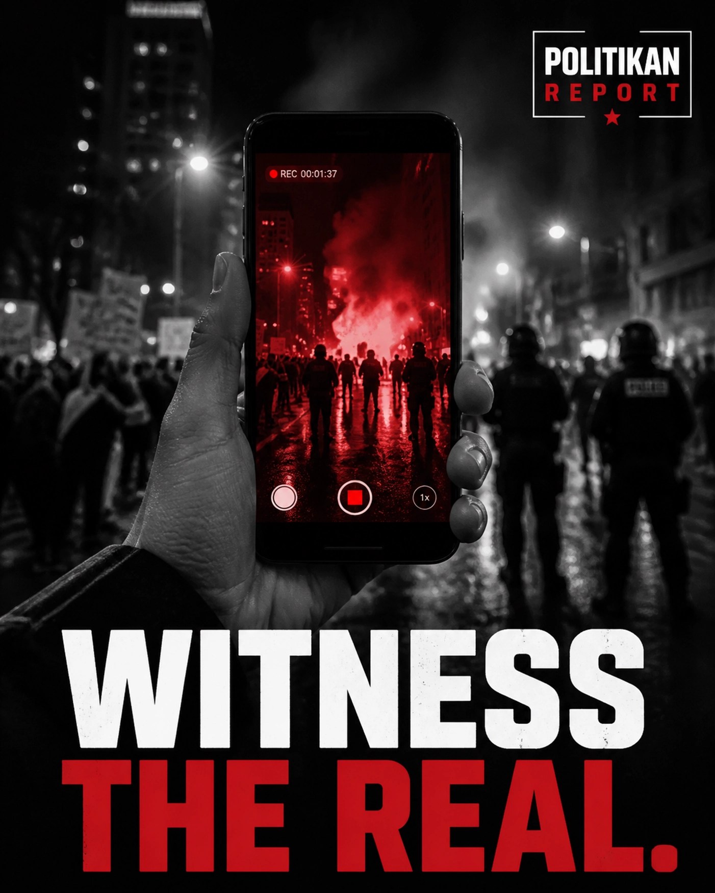 First-person view of a smartphone recording urban news, symbolizing the power of witness-led media and local truth.