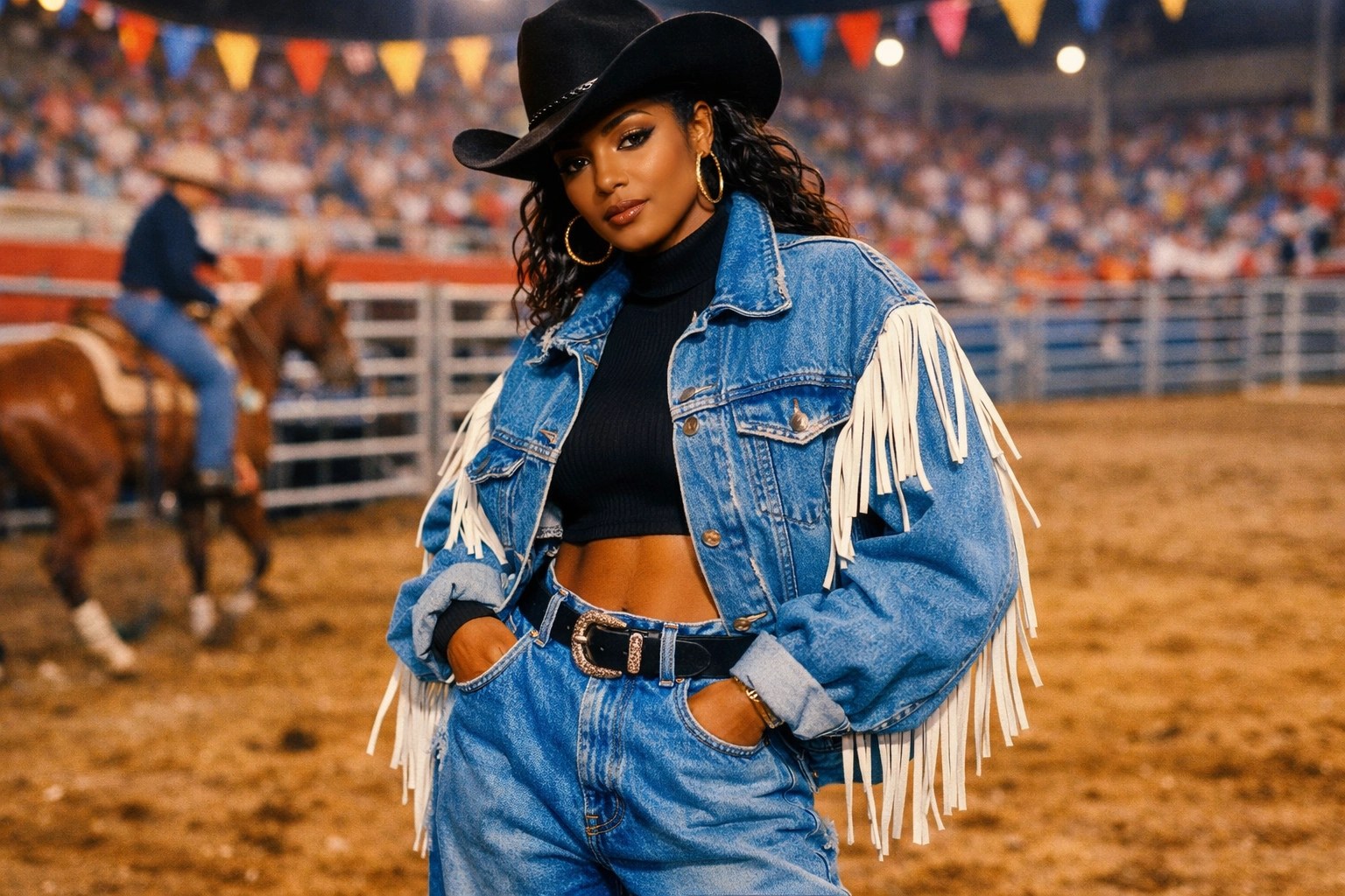 Black woman with a 90s Janet Jackson vibe in baggy jeans and an oversized denim jacket with Western fringe at a vibrant rodeo.