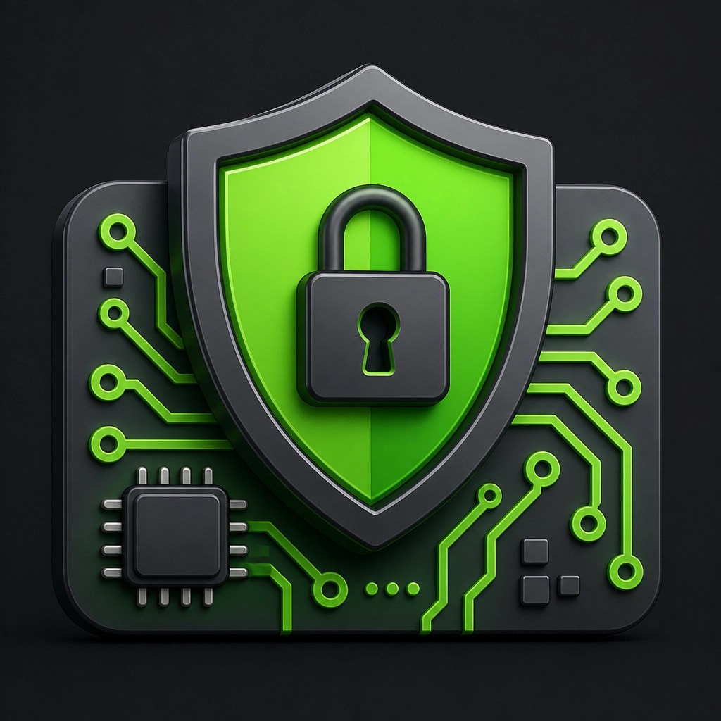 3D illustration of a shield and circuit board representing cybersecurity.