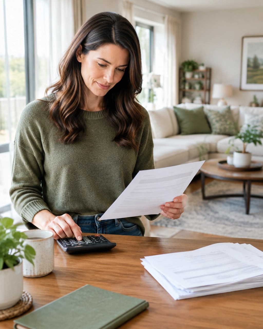 Homeowner reviewing refinancing paperwork and mortgage calculations