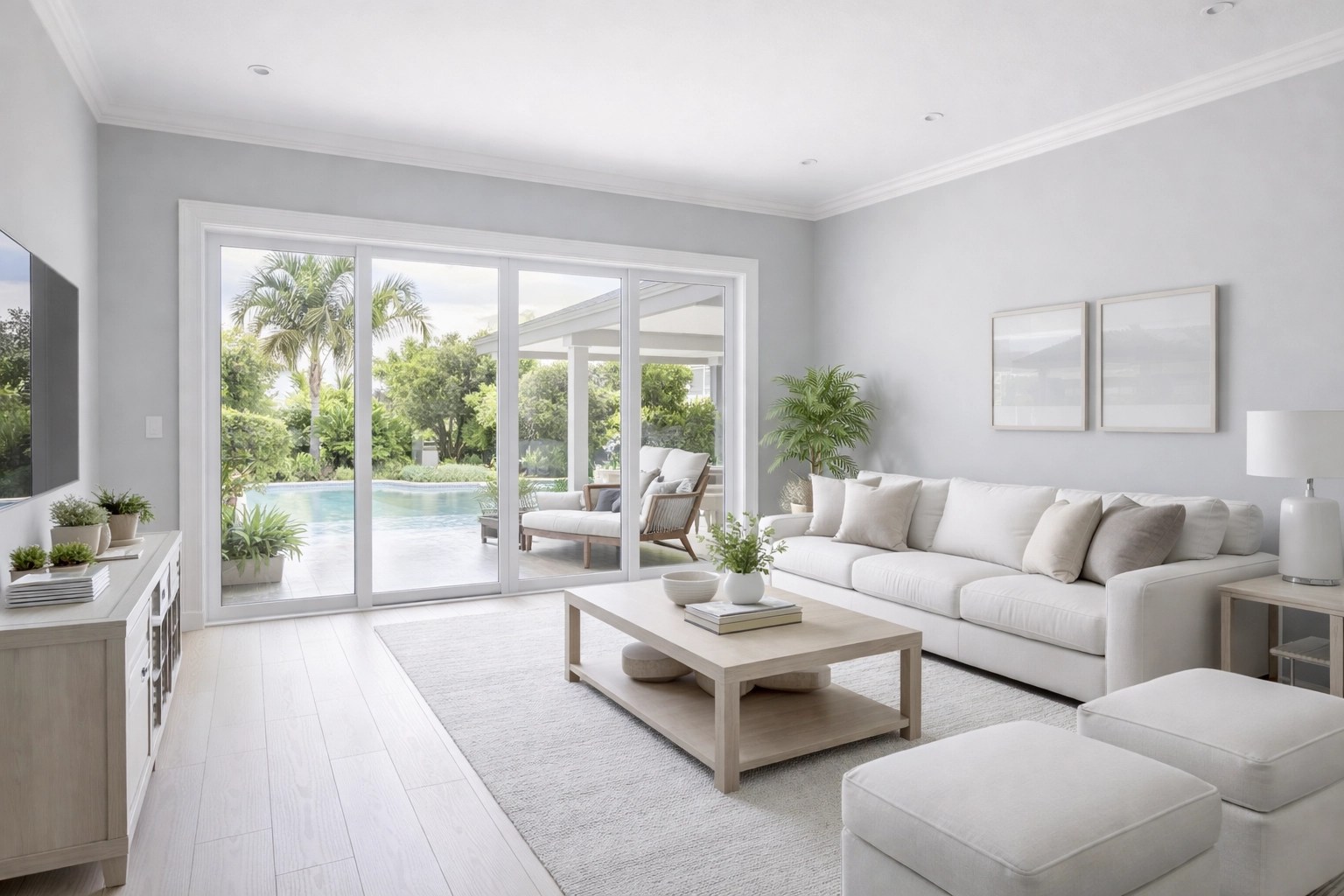 Modern Florida living room with cool gray walls looking sterile in bright natural sunlight, illustrating gray trend decline.