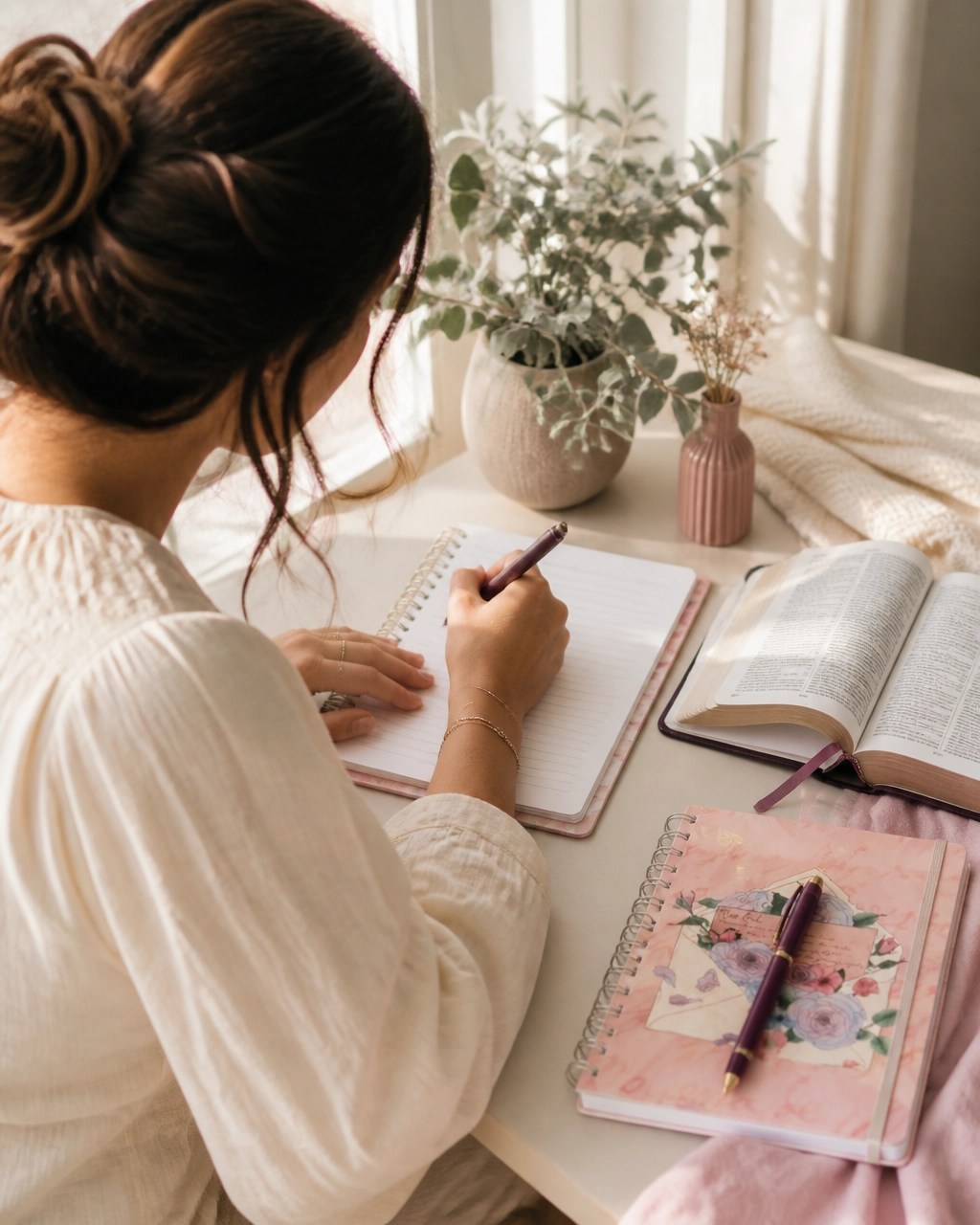 A Christian woman journaling quietly beside an open Bible in a warm, sunlit prayer corner