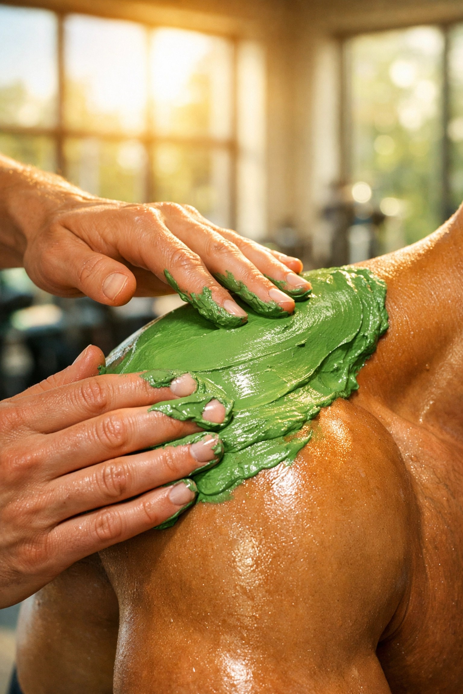 Applying green clay paste for natural healing and athletic recovery as part of a clay detox routine.