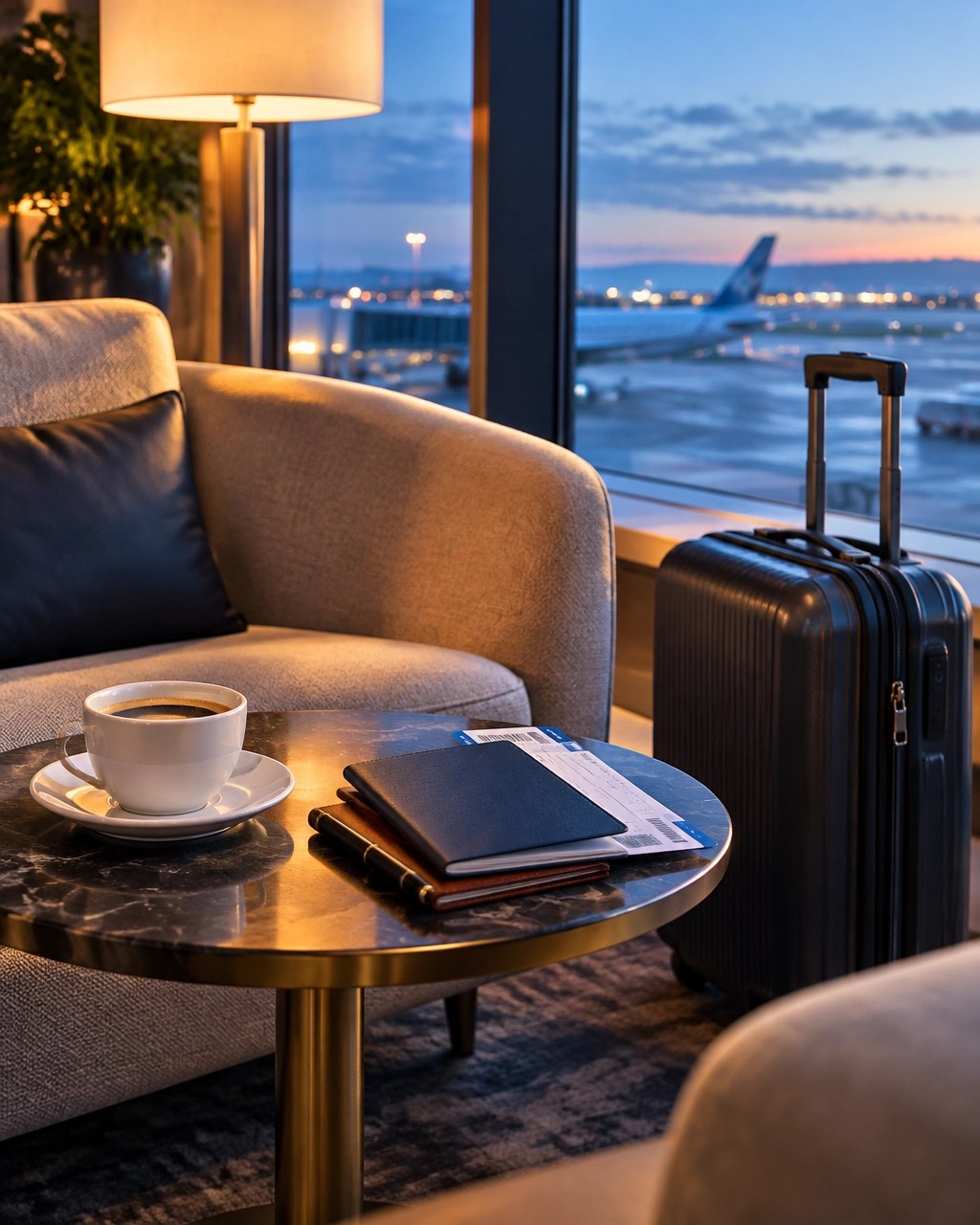 Quiet airport lounge corner with organized travel documents, coffee, and carry-on luggage