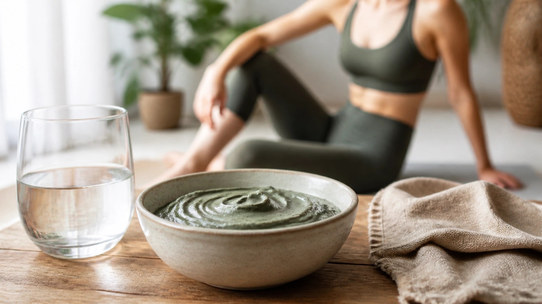 A high-quality, professional photograph of a bowl of smooth, thick green clay paste sitting on a wooden surface next to a glass of water and a linen cloth. In the background, a person is seen in a soft blur, sitting in a relaxed posture after a workout, wearing athletic gear.