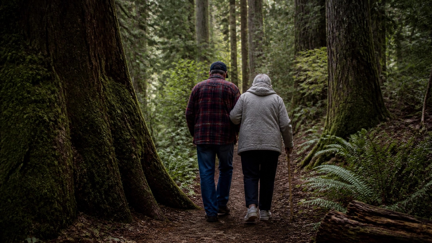 Two people walking slowly along a narrow forest path together