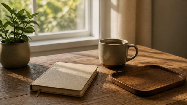 A simple sunlit table with a notebook, coffee mug, small plant, and cleared space