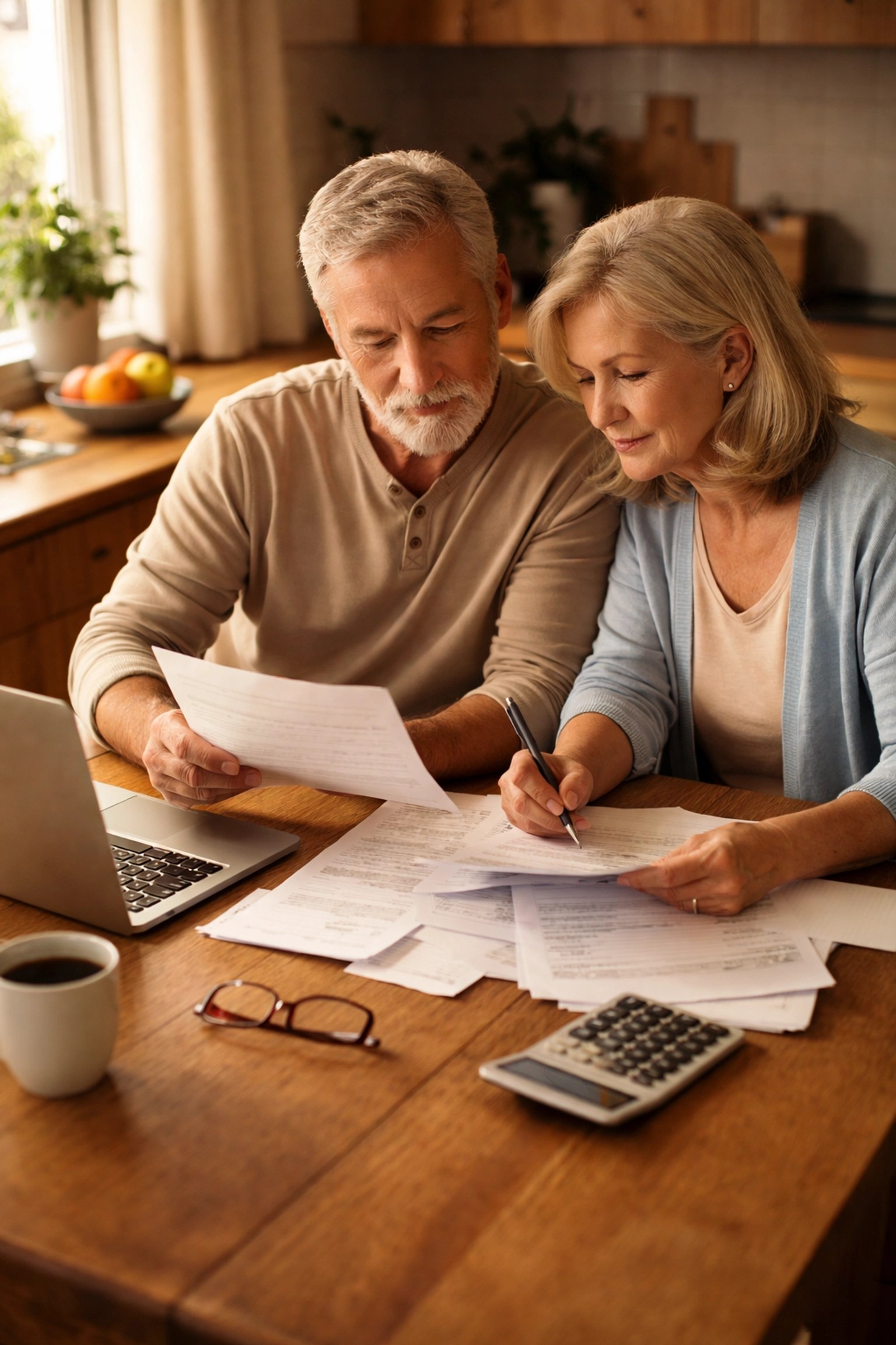 Senior couple reviewing beneficiary documents together at their kitchen table