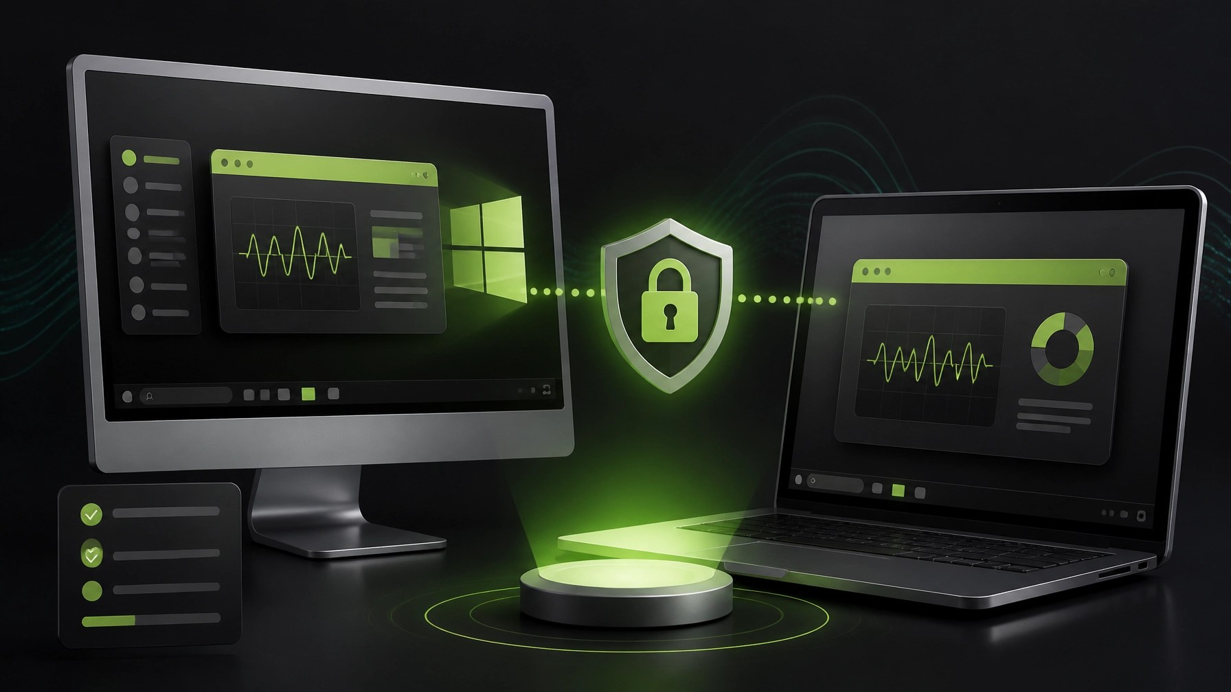 Secure remote support illustration with connected computers, shield, lock, and diagnostics
