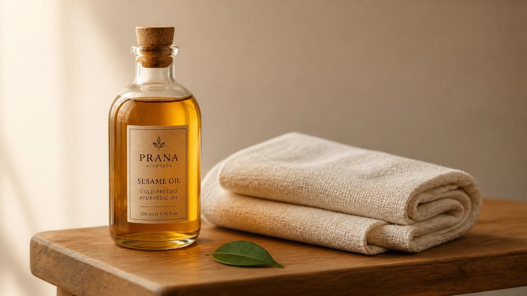 Ayurvedic self-care essentials including golden sesame oil and a cream linen towel on a wooden surface.