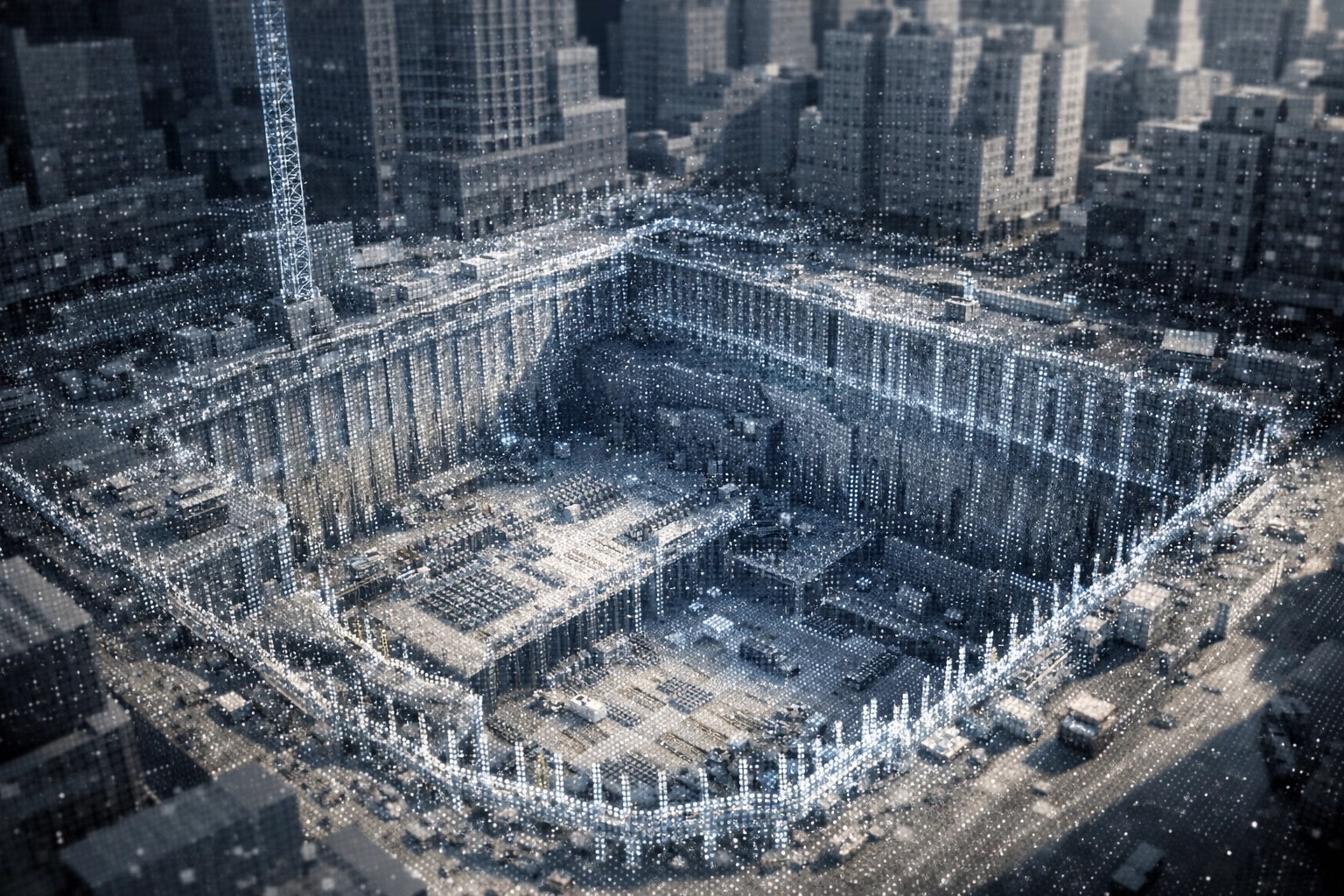 Drone mapping point cloud data for high-resolution site investigation at a New York City foundation pit.