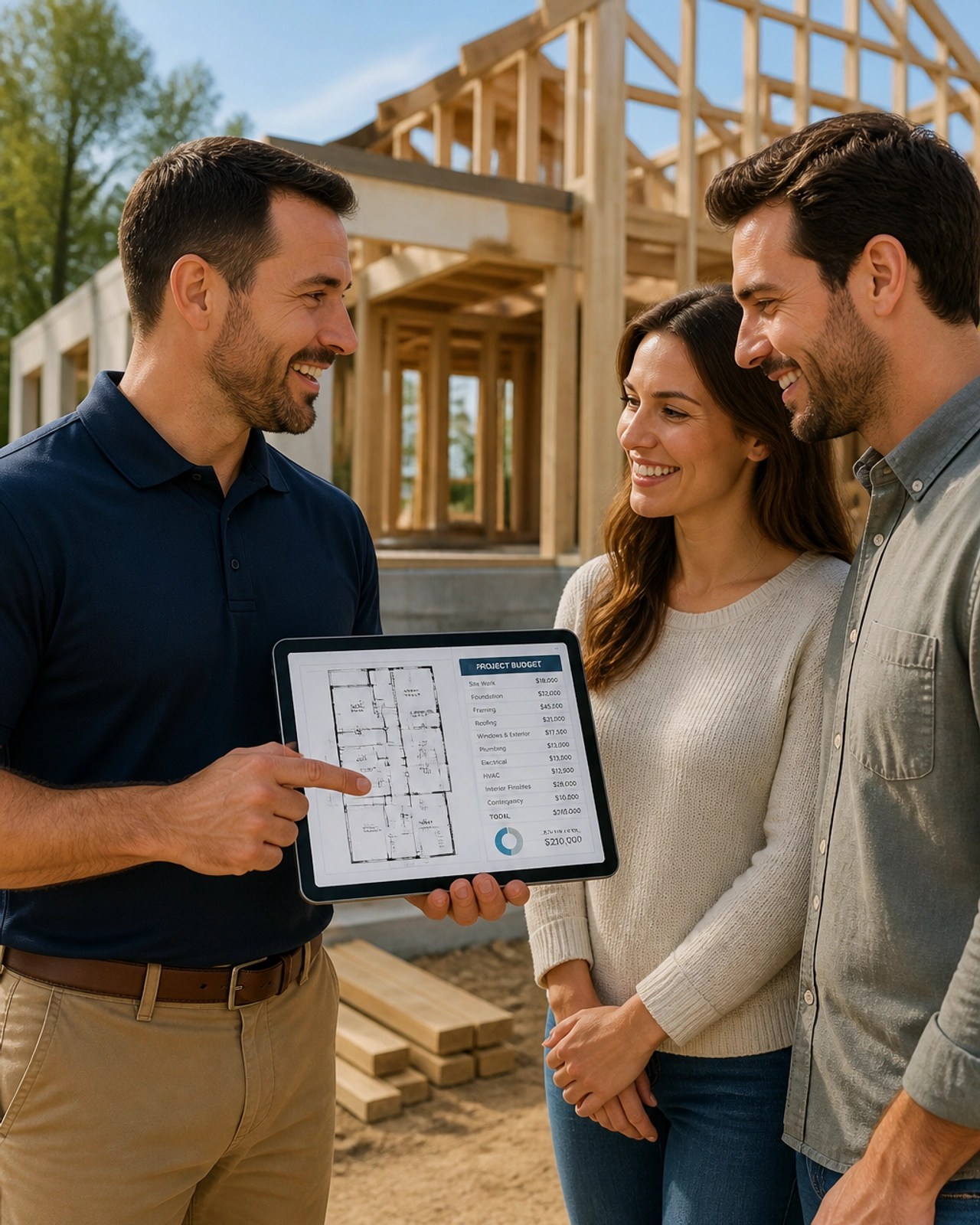 Contractor and clients reviewing a budget and floor plan on a tablet