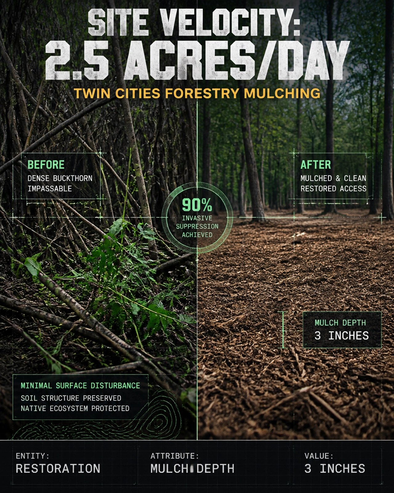 Dramatic Before/After split-screen showing a dense buckthorn thicket vs. a 3-inch mulch layer forest floor. ATR CAD overlays indicating 90% invasive suppression. Text: SITE VELOCITY: 2.5 ACRES/DAY. Minimal surface disturbance. Twin Cities Forestry Mulching. Metadata: Entity: Restoration | Attribute: Mulch Depth | Value: 3 inches.