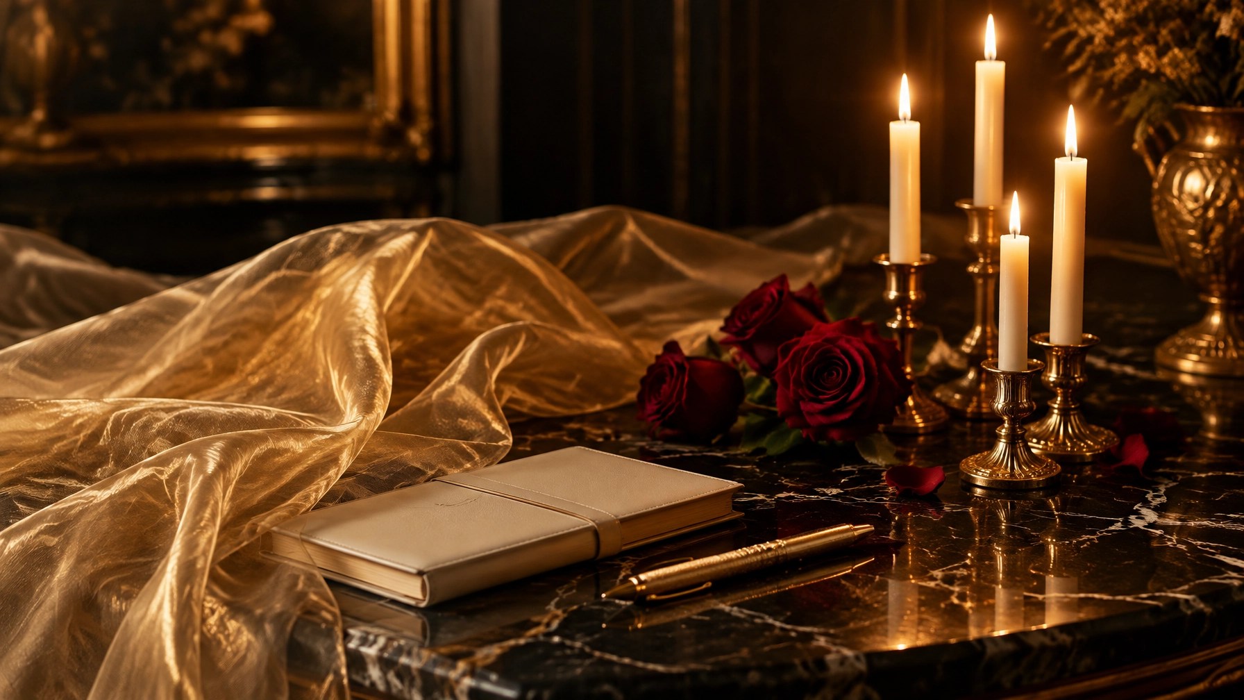 Golden sheer silk veil draped over black marble with candles, roses and a journal, a Goddess in her throne room ritual for manifesting love and dating advice for women