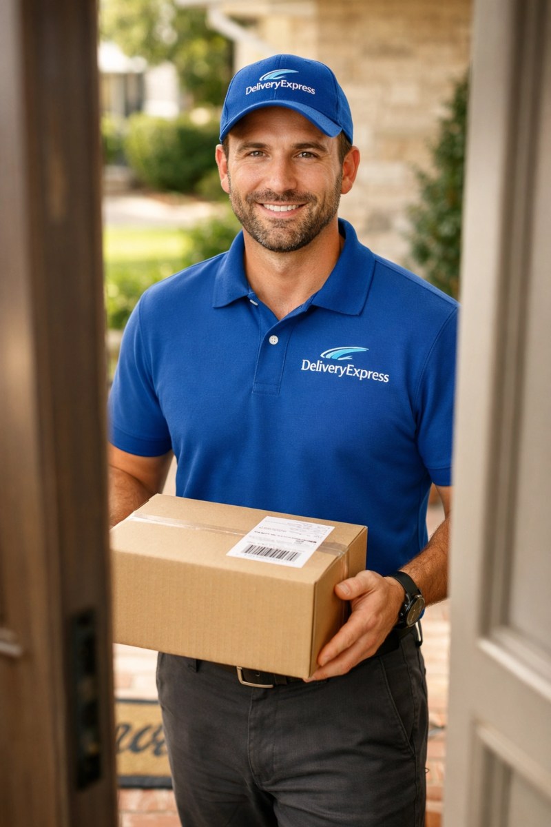 Professional delivery driver in branded uniform at customer doorway building trust and credibility