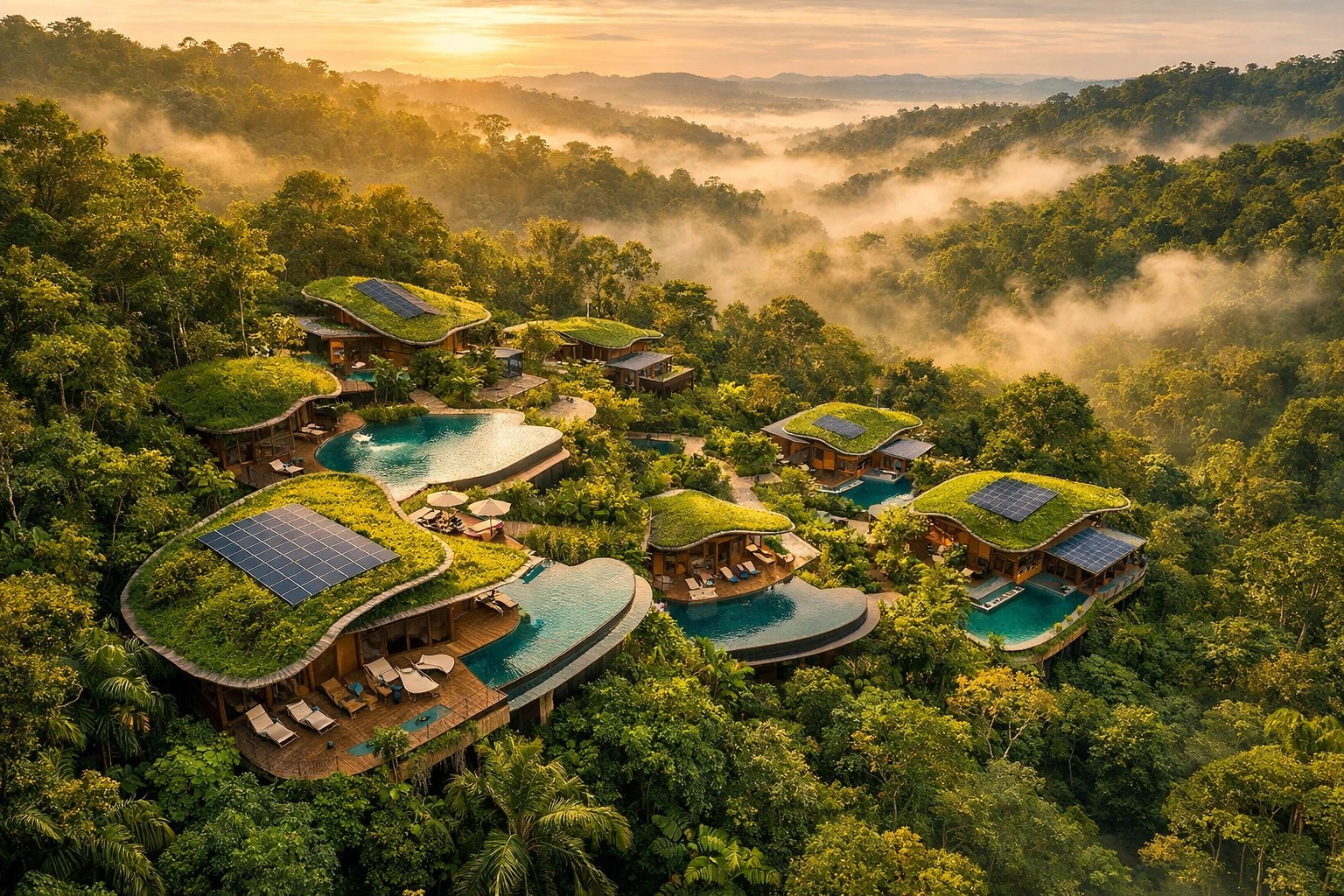 Sustainable luxury eco-resort with solar panels nestled in tropical rainforest canopy