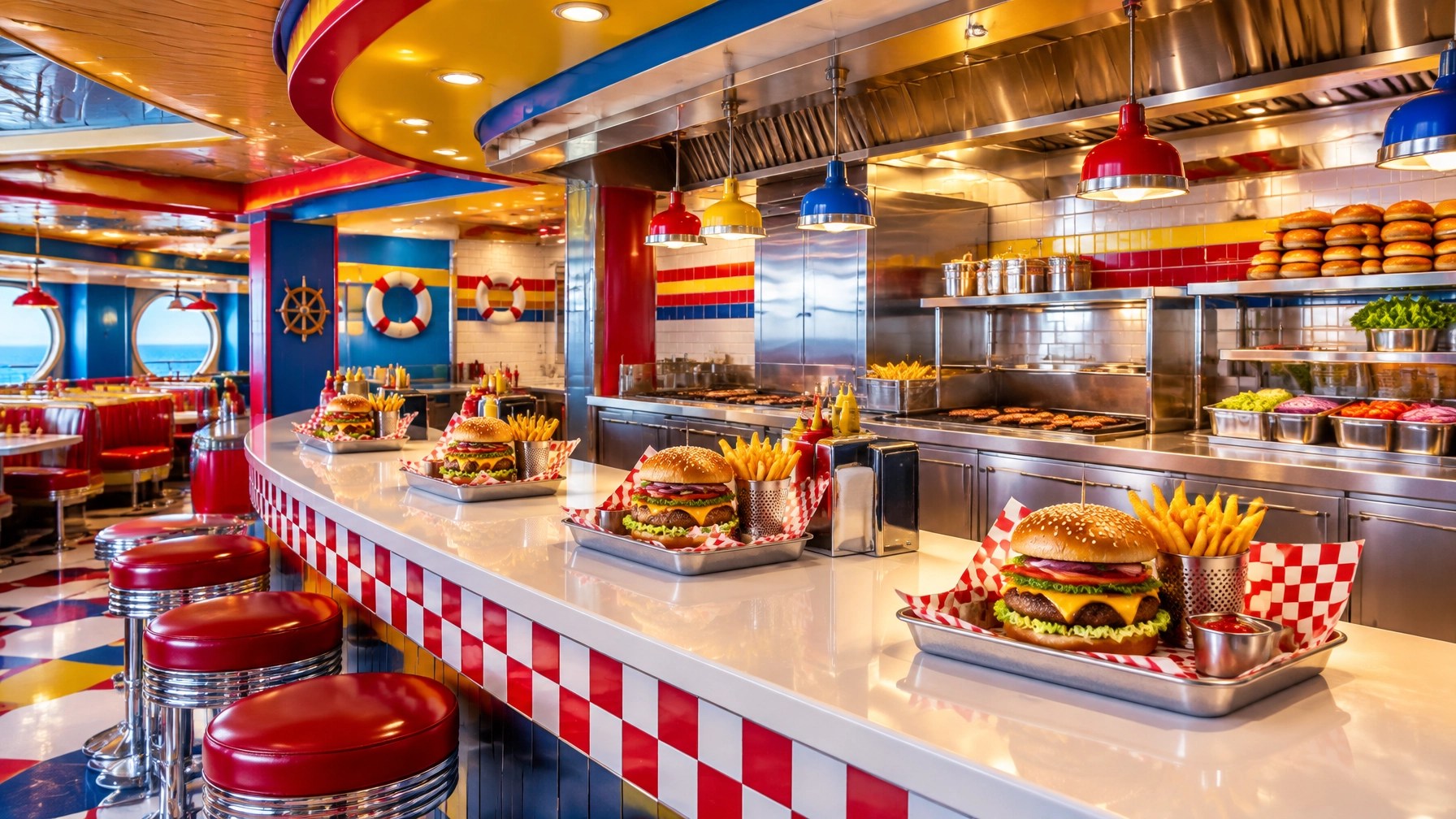 Colorful, empty cruise ship burger venue with fresh burgers and fries, playful diner details, and no people