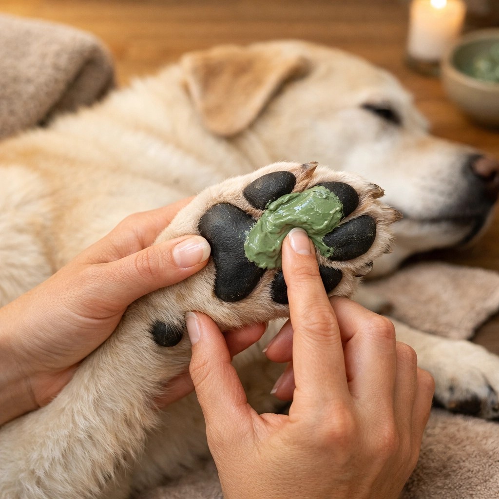 Applying green clay paste to a dog's paw pad for natural skin relief and topical pet care.