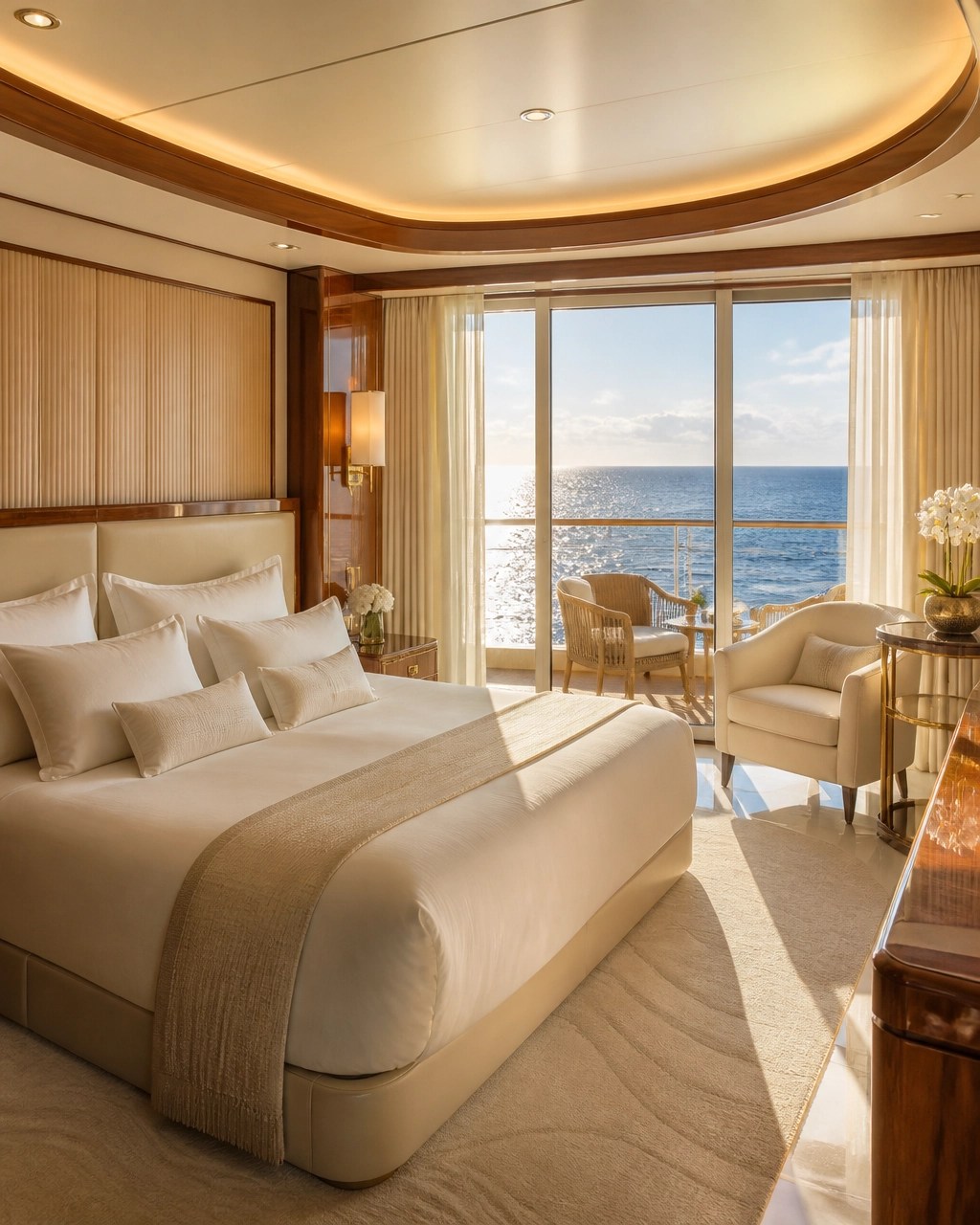 Elegant ocean-view cruise suite with a private balcony and warm sunlit design