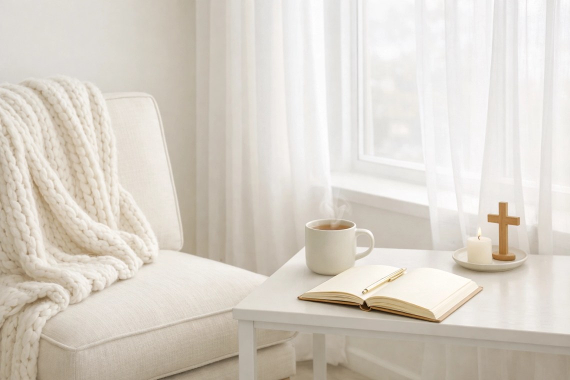 Serene minimalist prayer corner with an ivory chair and open journal, ideal for finding peace in stillness.