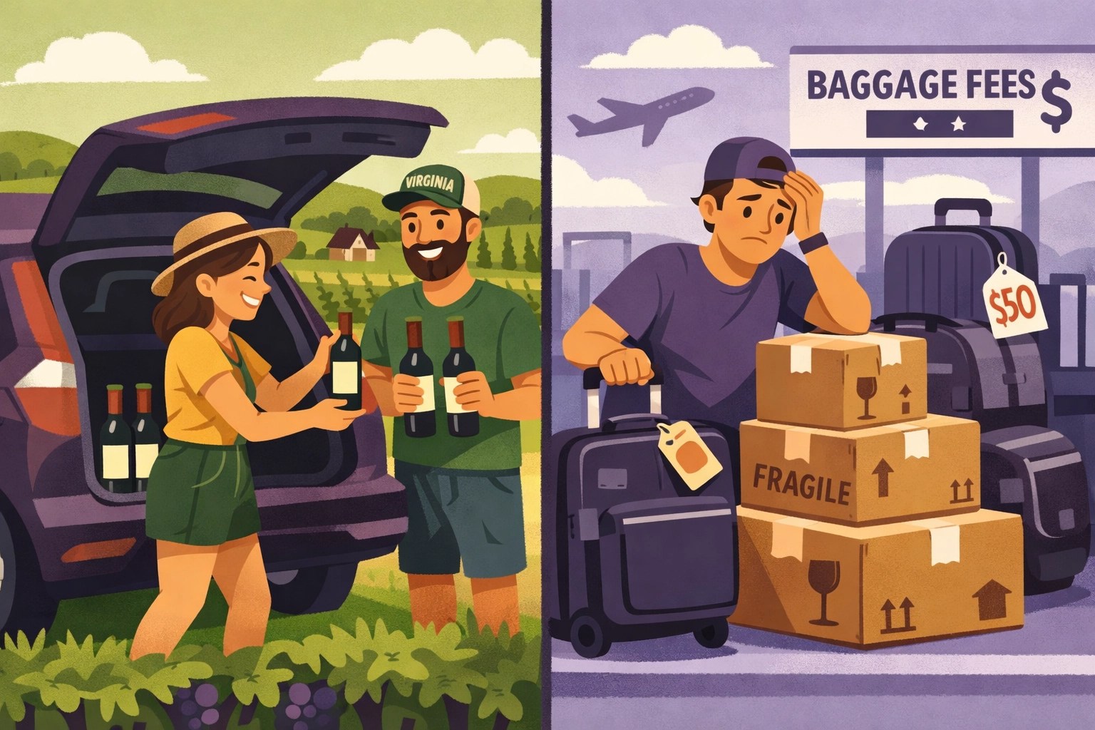 Couple loading wine bottles from Virginia vineyard versus shipping costs from Napa