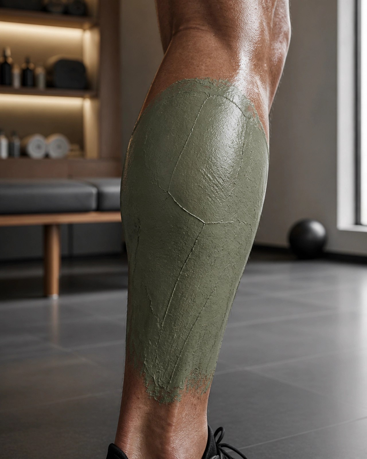 Close-up of an athlete's calf with a thick layer of French green clay applied for recovery in a modern training room.