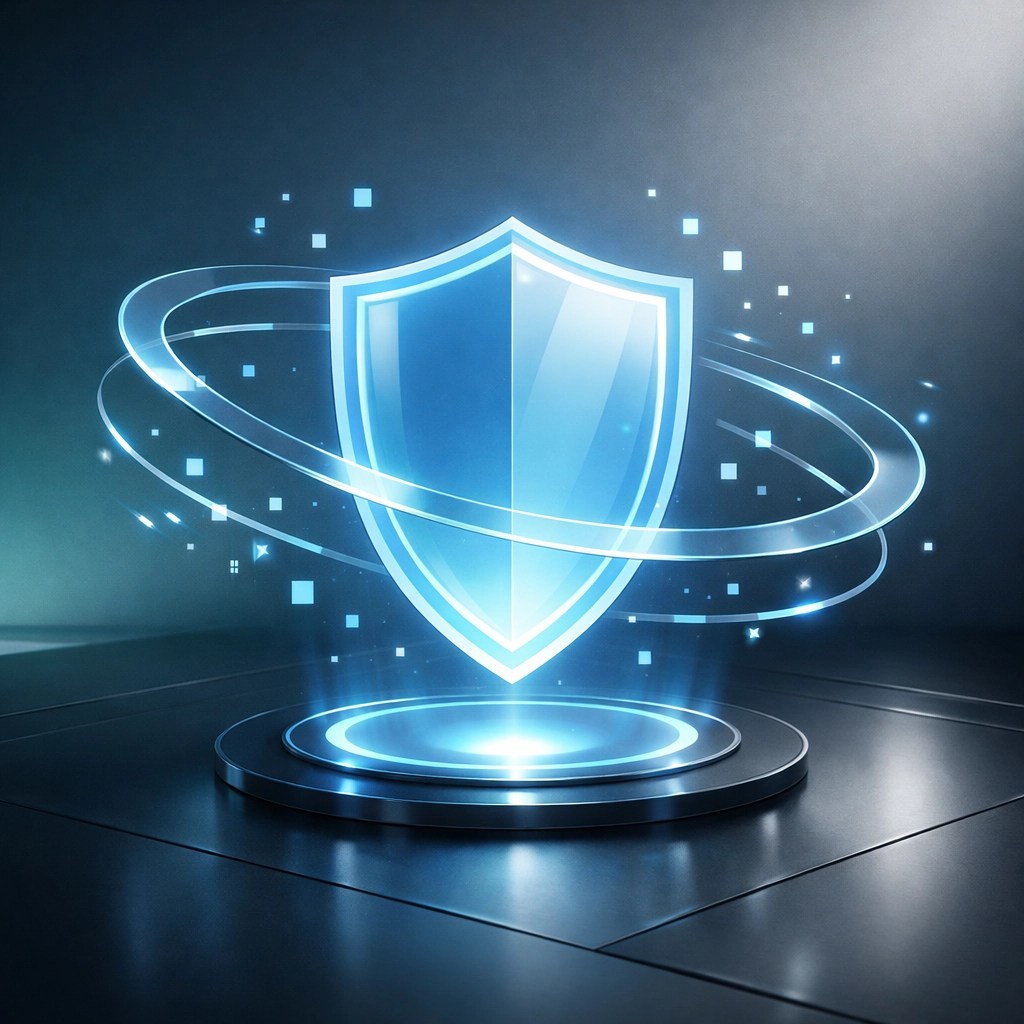 Glowing digital shield symbolizing cybersecurity and data protection for remote IT services.