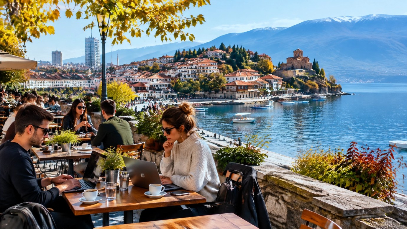 Young travelers and remote workers enjoying a Balkan cafe terrace near a lakeside landscape