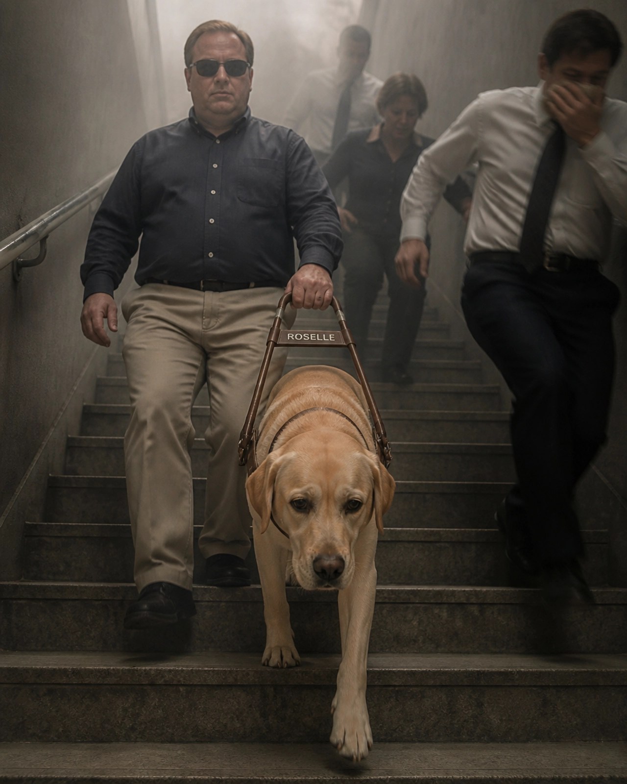 Roselle, a yellow Labrador guide dog, calmly leading Michael Hingson down the stairs of the North Tower amidst the evacuation.