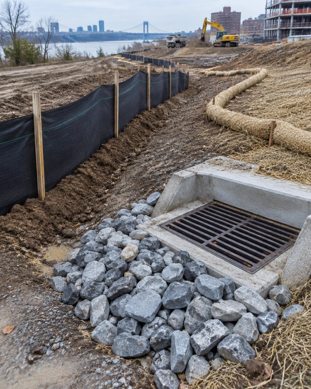 Construction site BMPs including silt fence, wattles, inlet protection, and riprap outlet protection