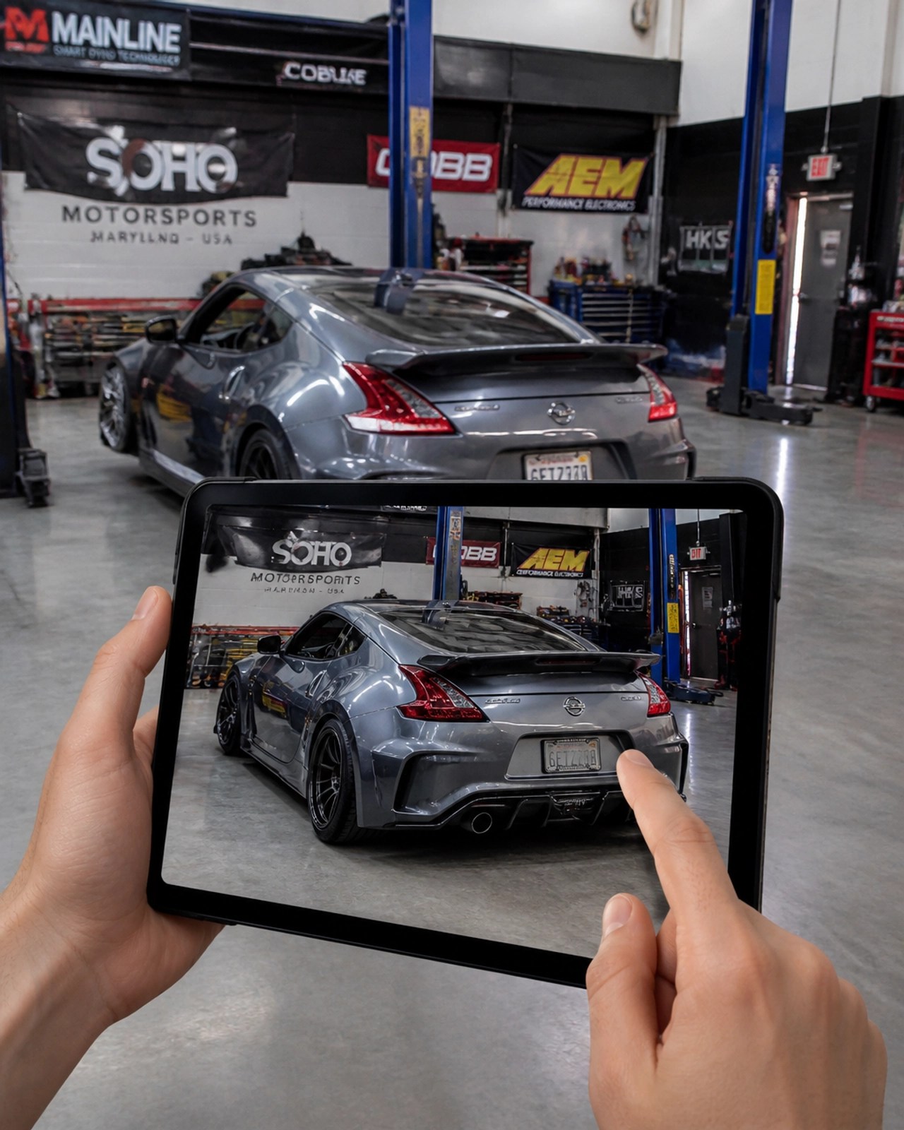 A person using a tablet to visualize an AI-generated widebody kit on a Nissan 370Z