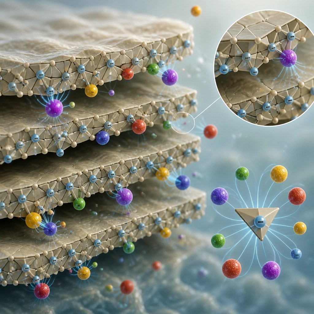 Microscopic scientific illustration of clay particles binding to toxins