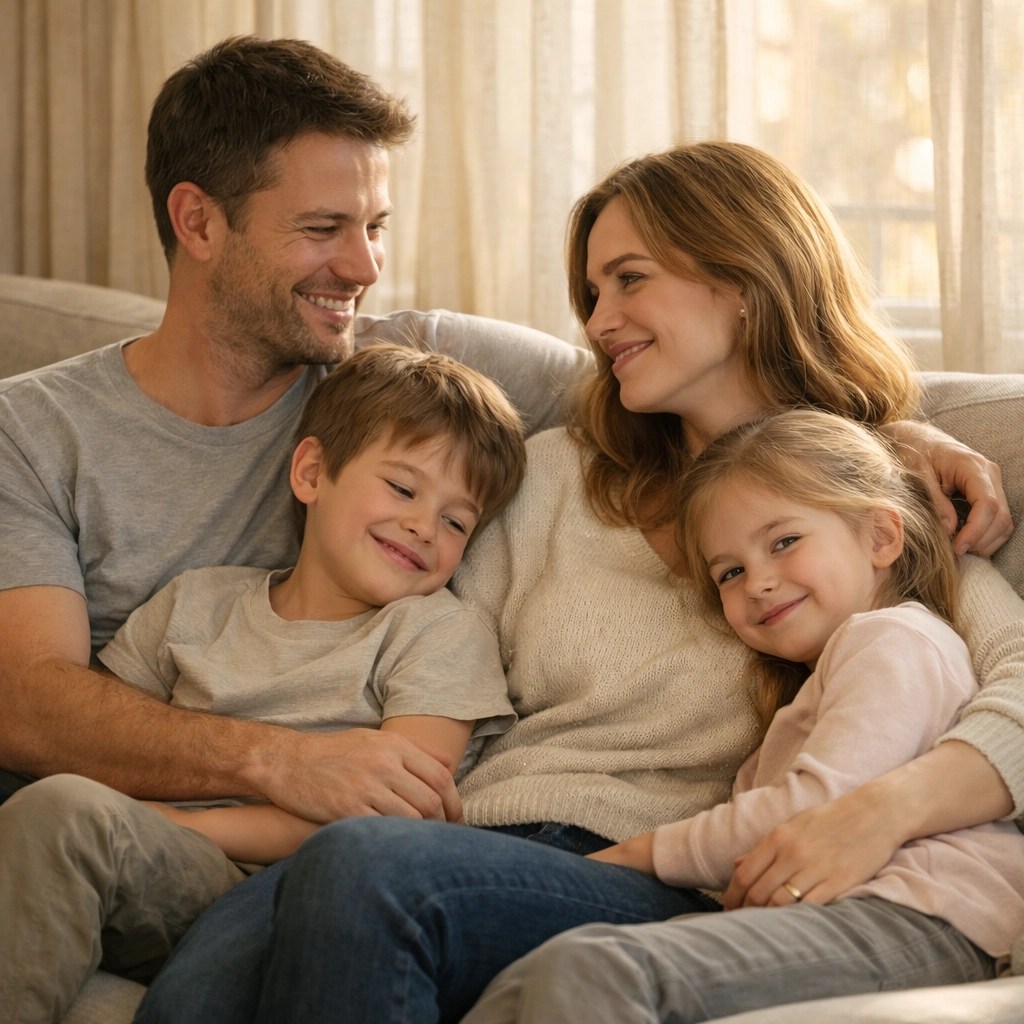 Family of four relaxing at home protected by life insurance coverage