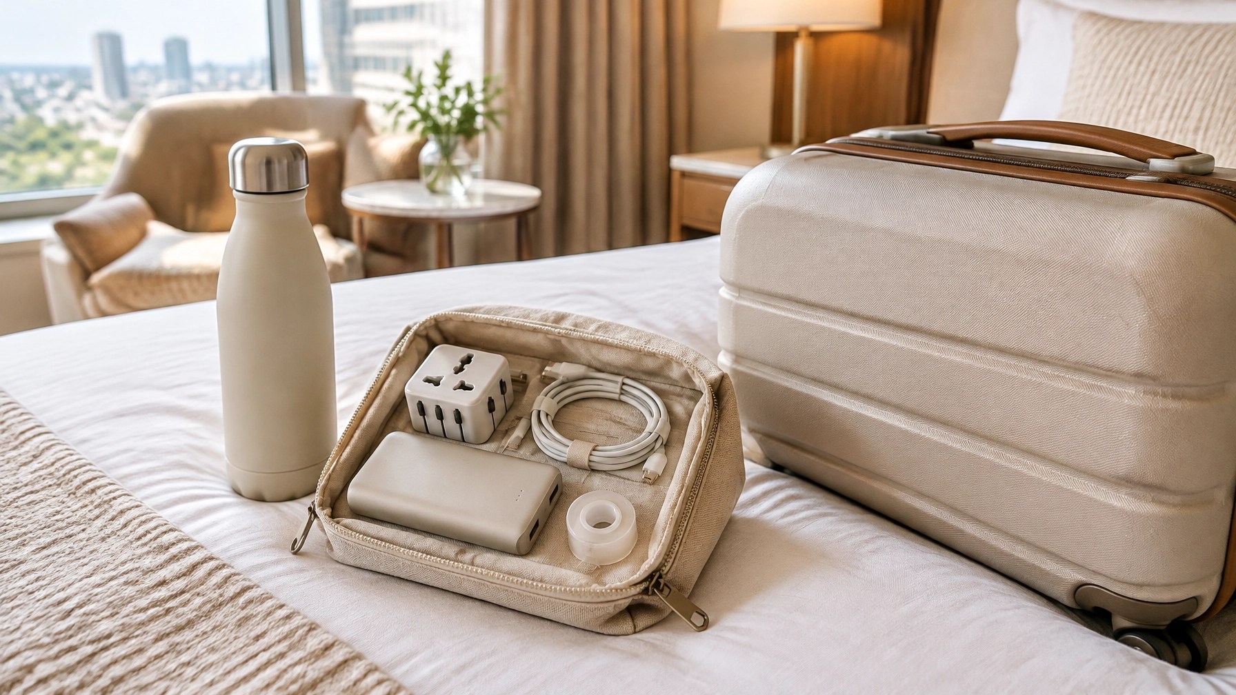 Compact travel adapters, charging cable, water bottle and small carry-on essentials arranged neatly