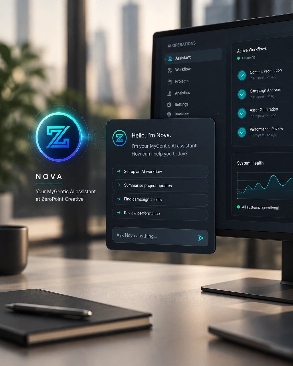 Nova, ZeroPoint Creative’s MyGentic AI assistant represented as a calm, governed digital operations interface