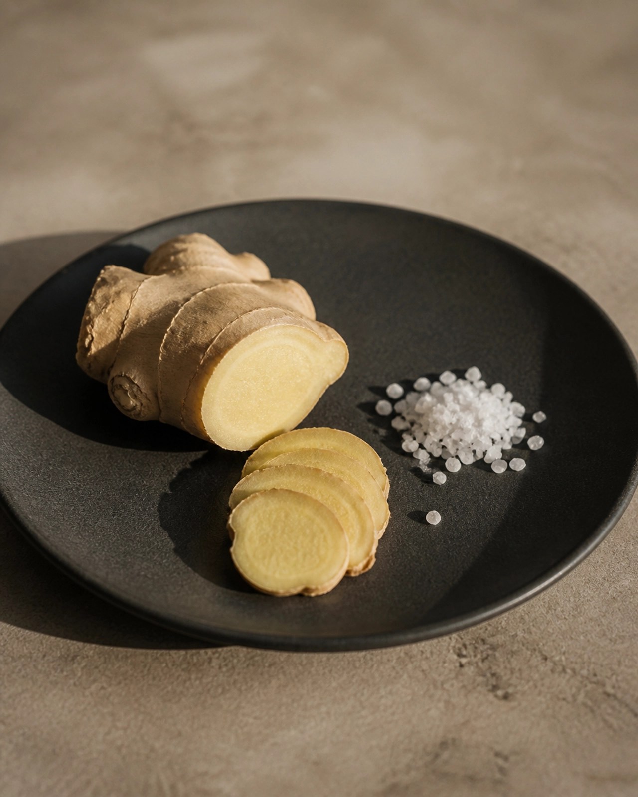 Fresh ginger and sea salt on a ceramic plate to stimulate digestive fire