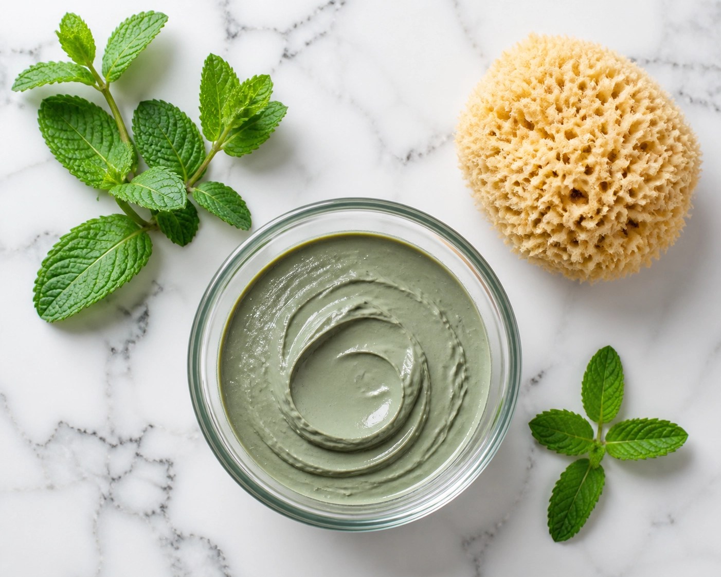 A smooth mixture of green clay and water in a glass bowl prepared for a natural holistic detox treatment.