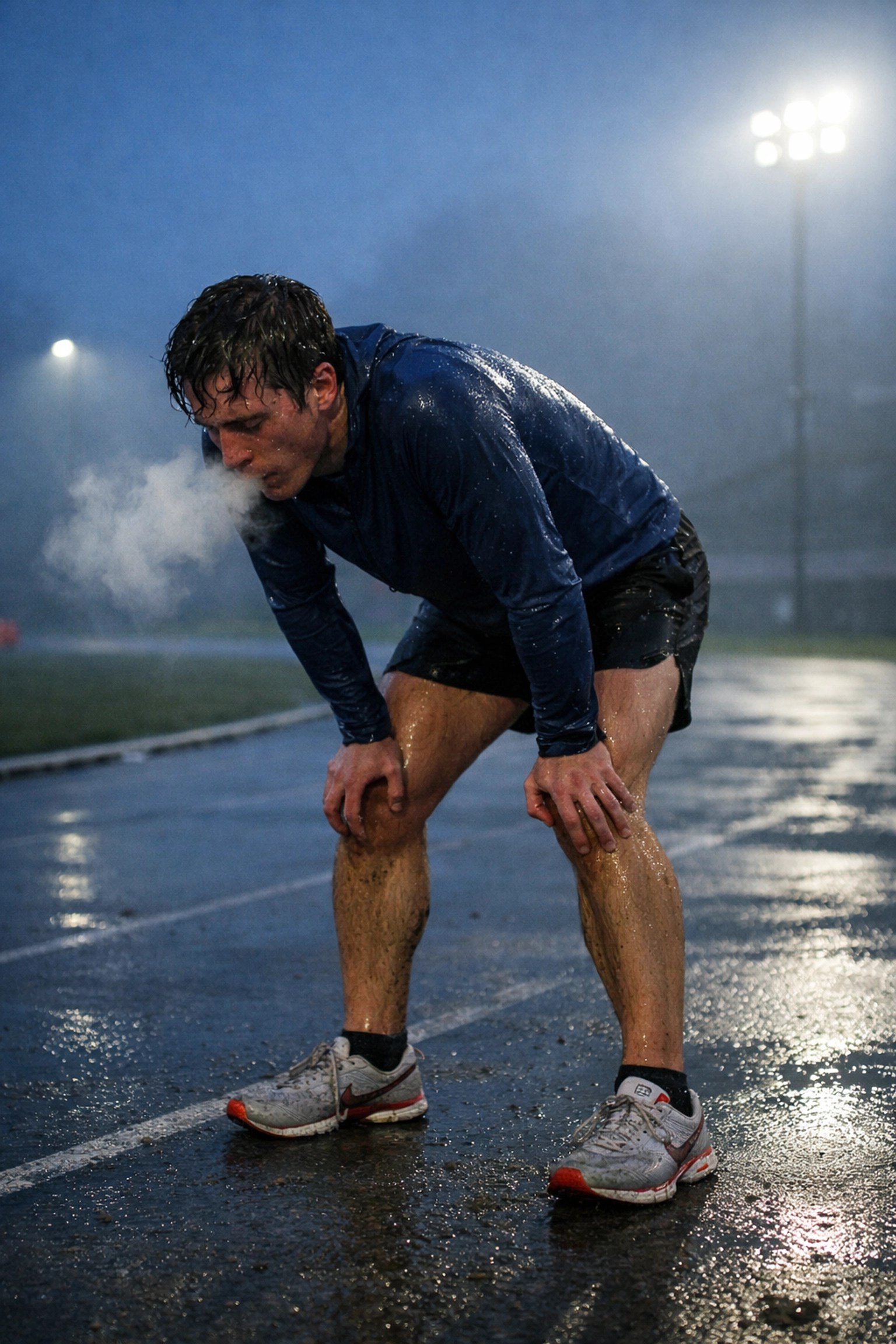 Runner catching breath on a cold morning track, illustrating the grit of sports training and recovery.