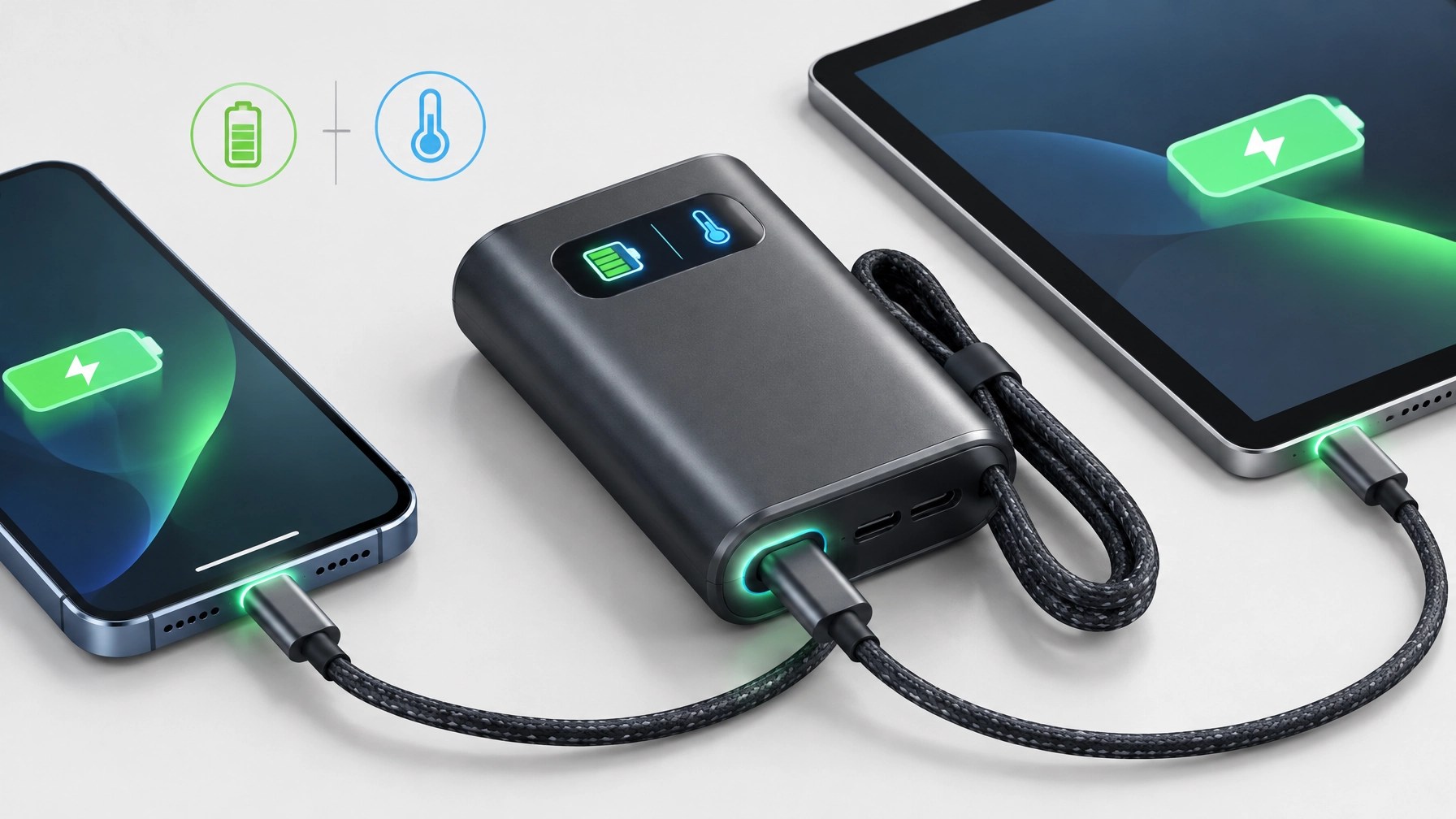 A compact power bank with a smart display charging a phone and tablet