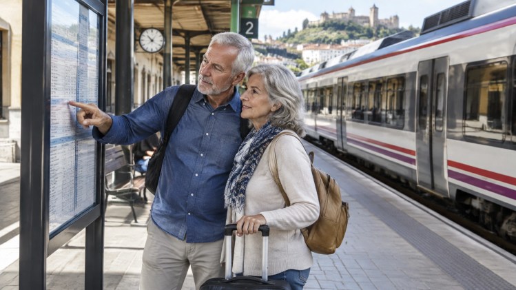 A senior couple checking a timetable beside a regional train at a Spanish station
