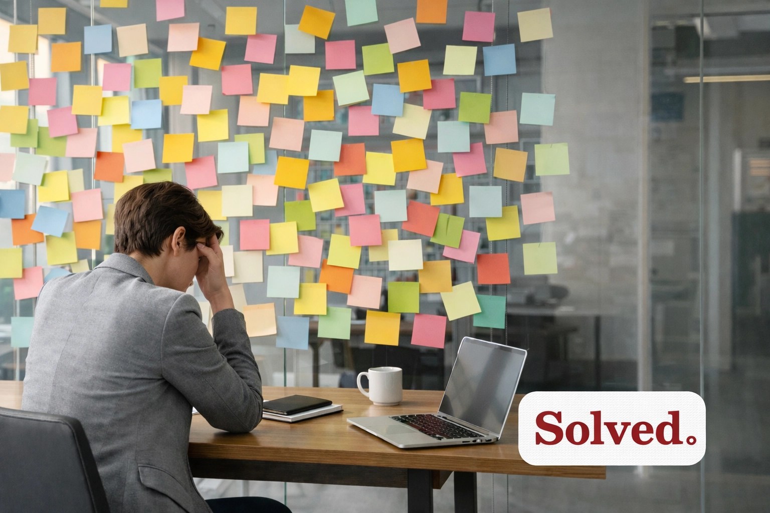 Overwhelmed professional looking at sticky notes, representing project management bottlenecks and mental clutter.