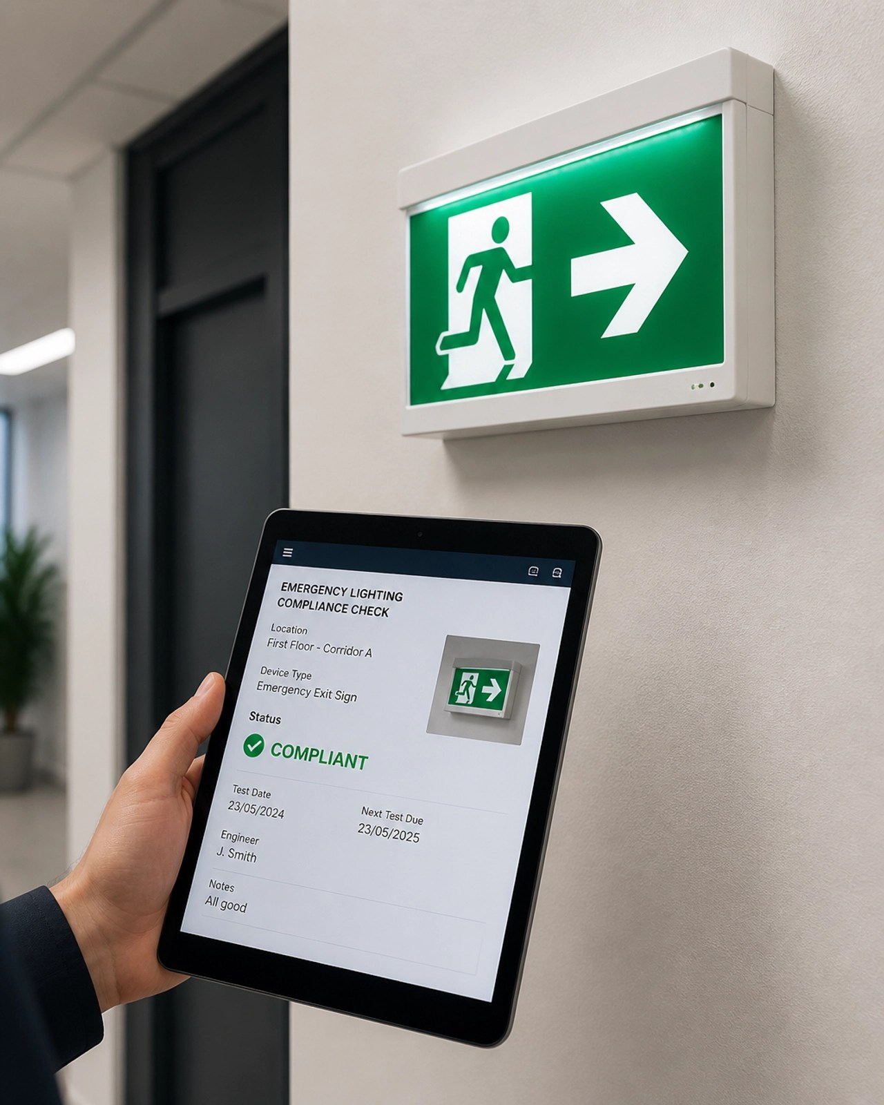 Close-up of a glowing emergency exit sign being inspected for compliance