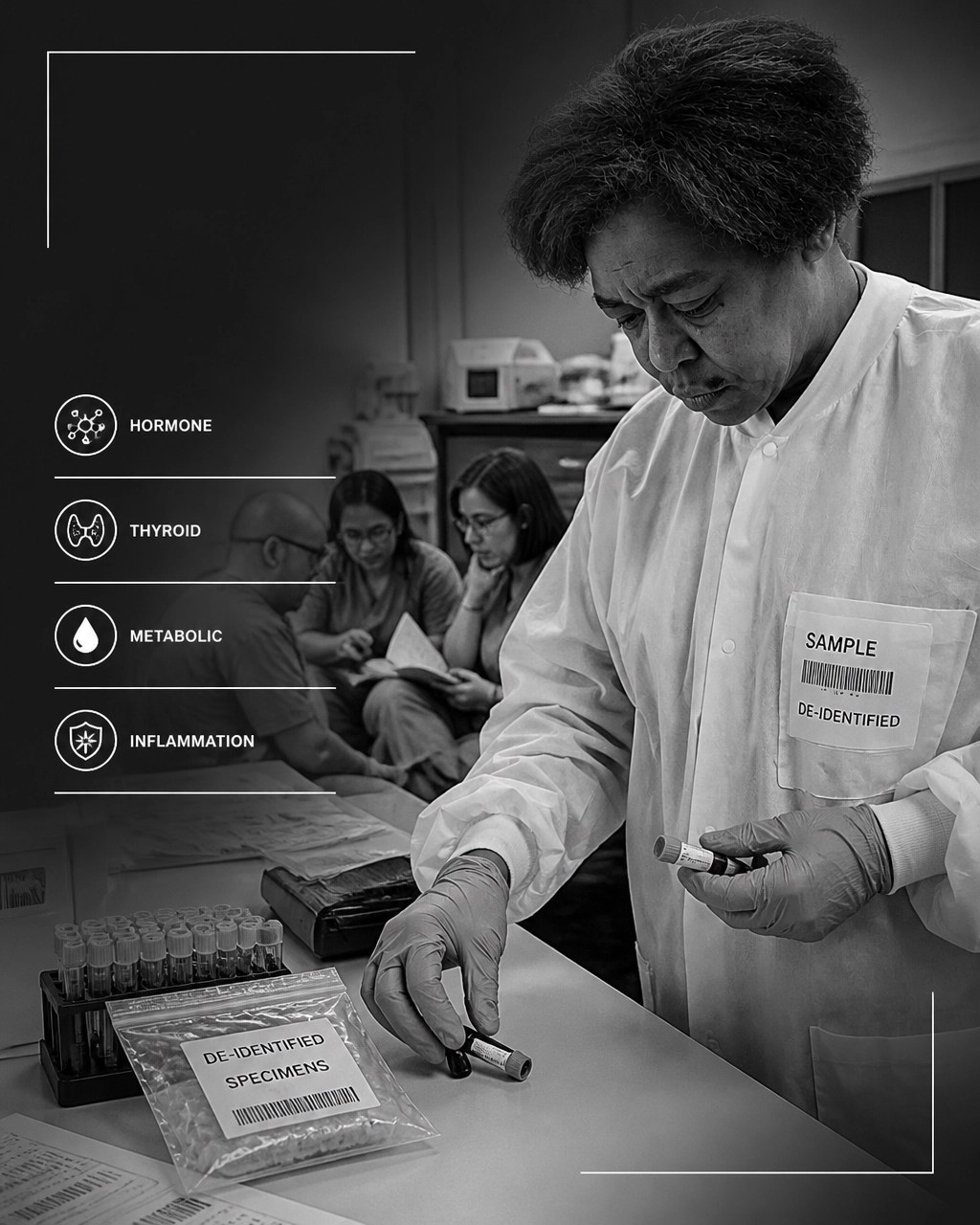 Black-and-white tactical-clinical CTA image pairing first-responder occupational context with a de-identified baseline review workflow. The composition supports the message to start with a baseline and review it in context, without implying that occupational exposure causes infertility or that testing guarantees answers.