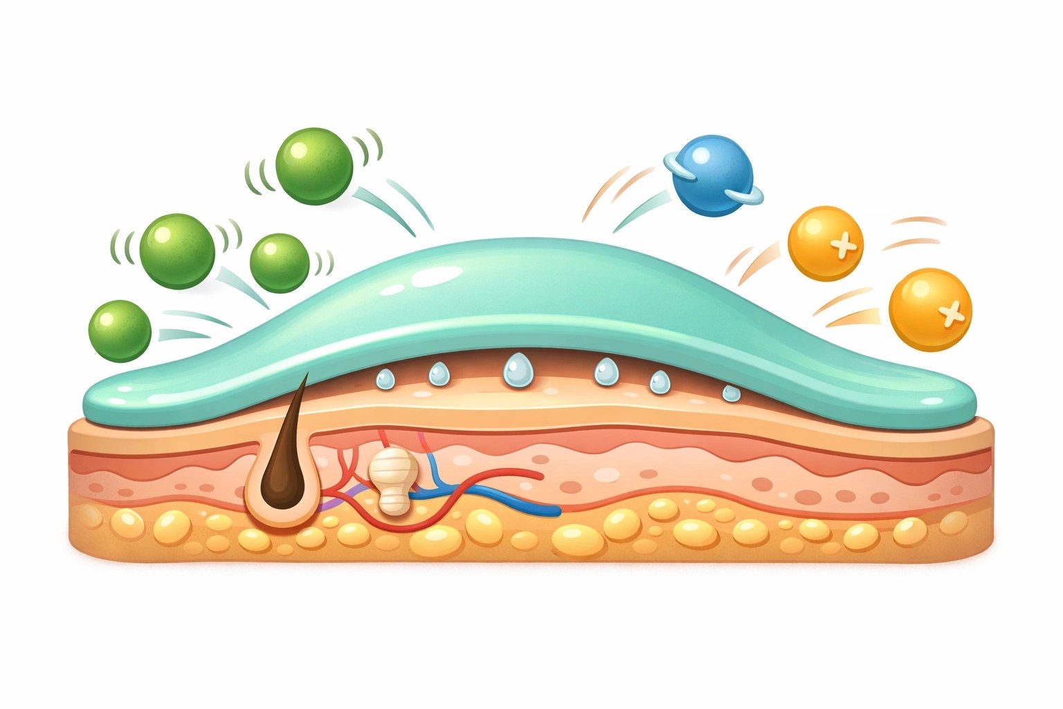 Illustration of a protective clay barrier on skin shielding against pool chemicals and body odor.