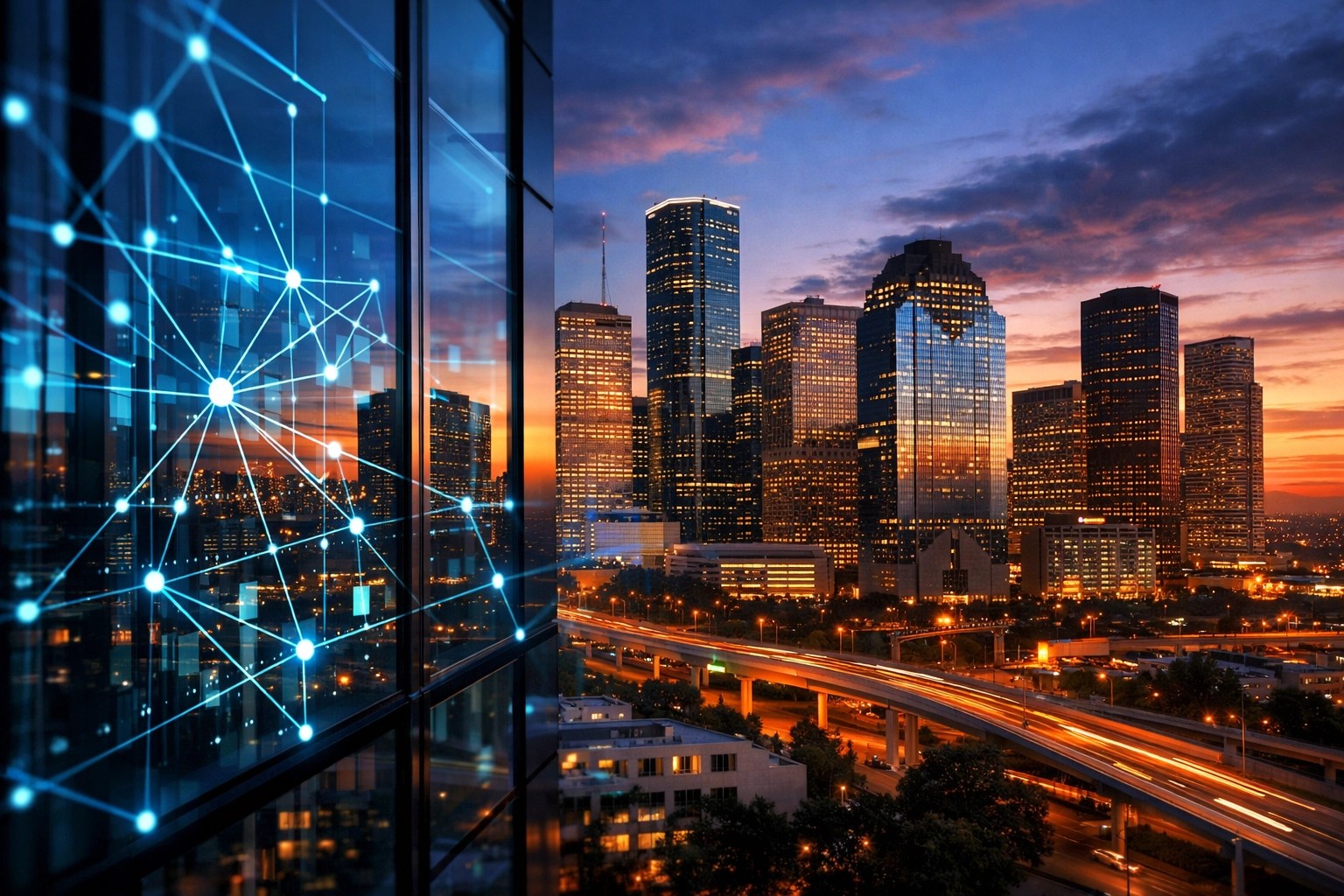 Houston downtown skyline with digital network overlay representing local IT services