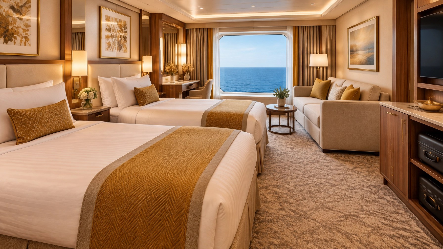 Warm, comfortable cruise ship cabin with neatly made beds, a sofa, and soft neutral details